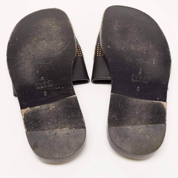 Pre Owned Gucci Black Leather Studded Bee Logo Slides Size 43