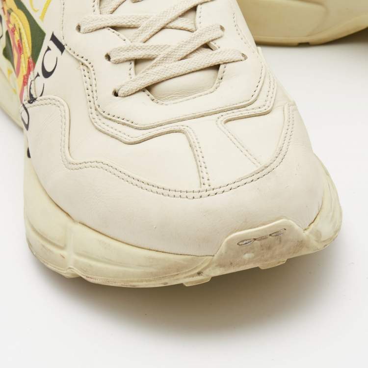 Pre Owned Gucci Cream Leather Logo Print Rhyton Sneakers Size 39.5