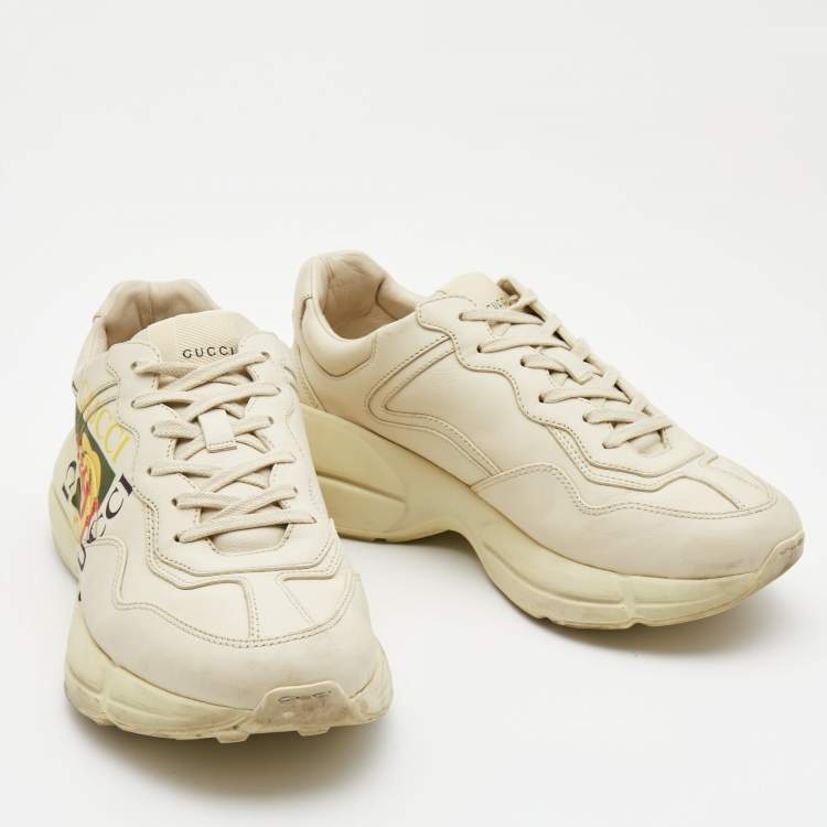 Pre Owned Gucci Cream Leather Logo Print Rhyton Sneakers Size 39.5