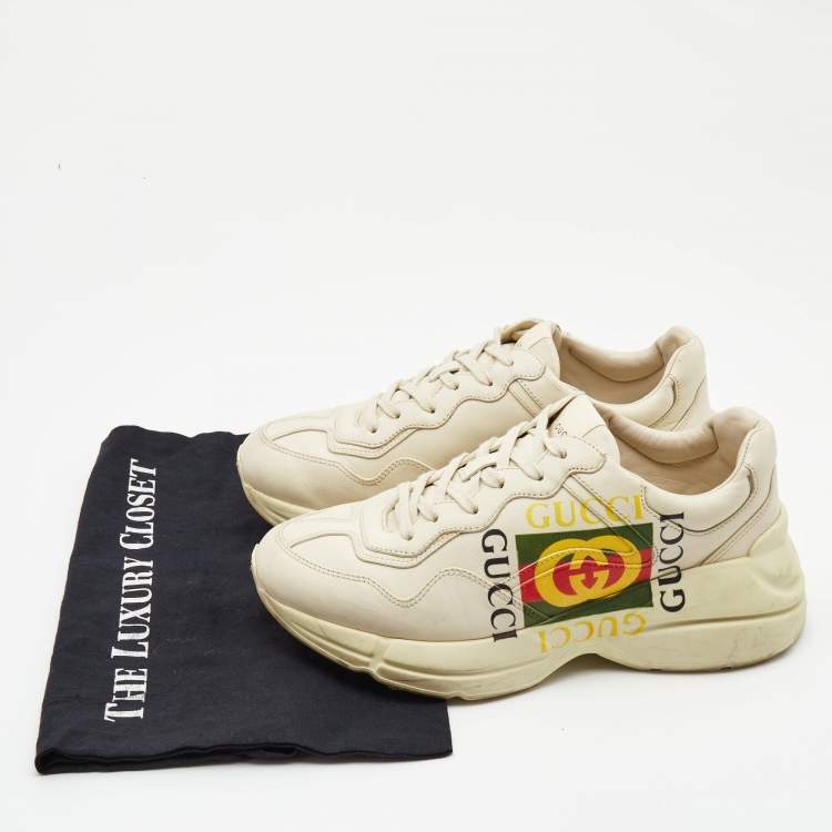 Pre Owned Gucci Cream Leather Logo Print Rhyton Sneakers Size 39.5
