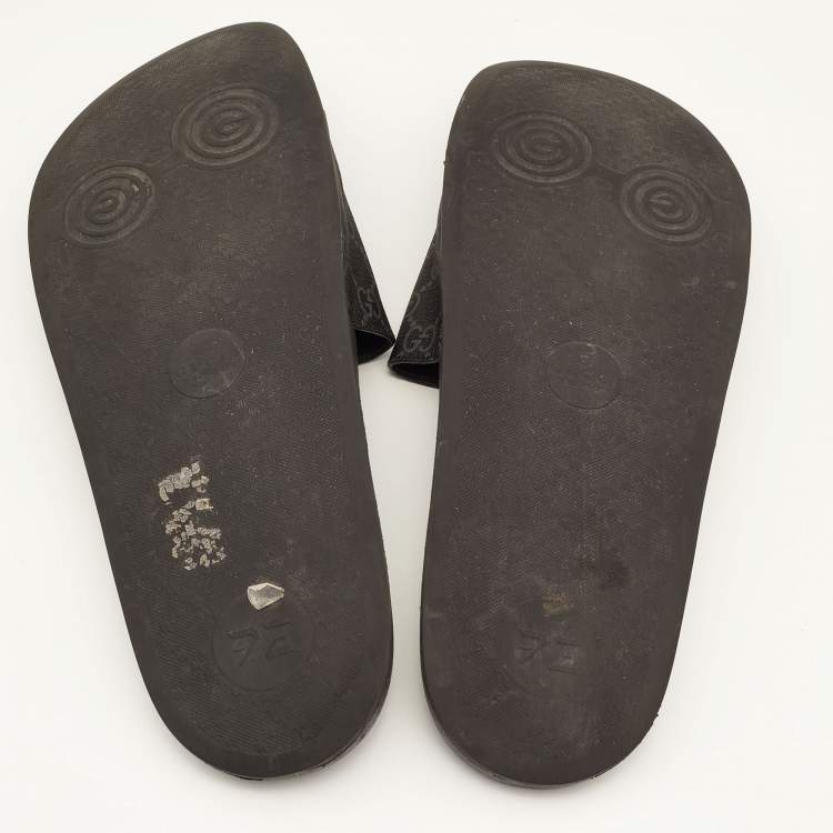Pre Owned Gucci Black GG Supreme Canvas Tiger Flat Slides Size 45.5