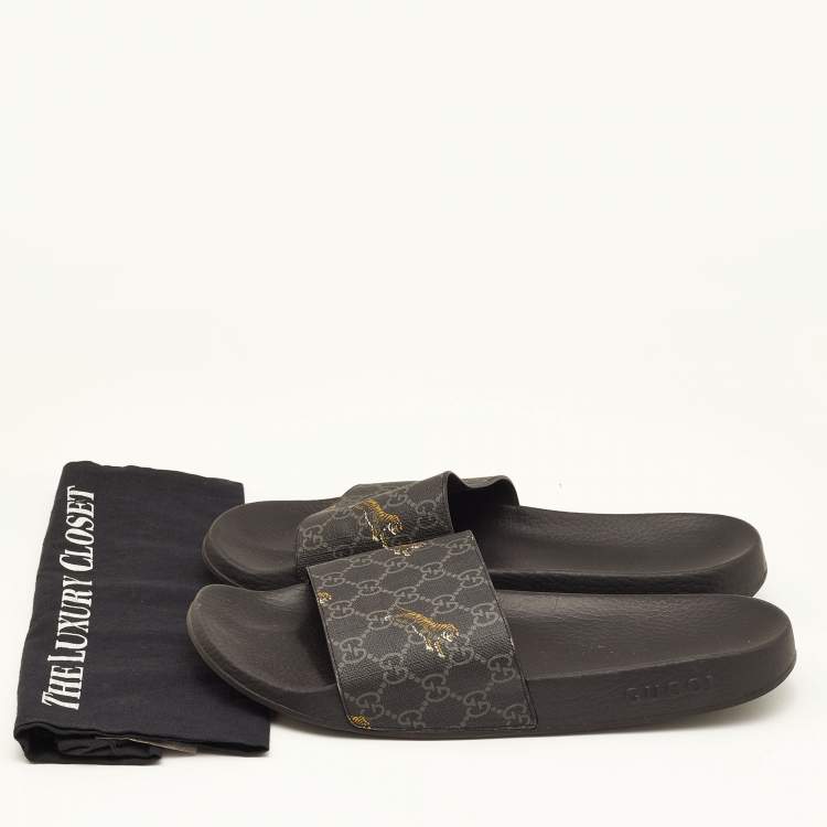 Pre Owned Gucci Black GG Supreme Canvas Tiger Flat Slides Size 45.5