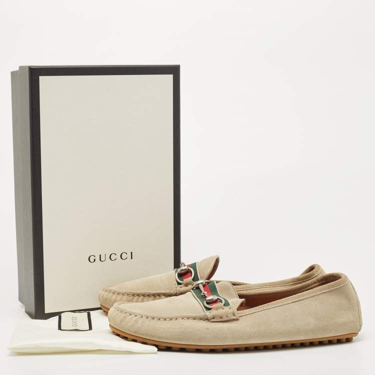 Pre Owned Gucci Beige Suede Web Horsebit Slip On Loafers Size 43