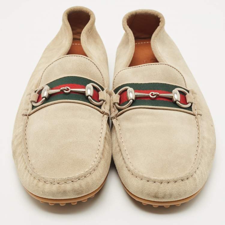 Pre Owned Gucci Beige Suede Web Horsebit Slip On Loafers Size 43