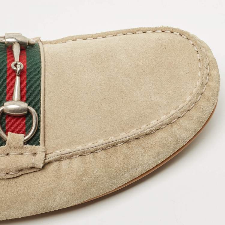 Pre Owned Gucci Beige Suede Web Horsebit Slip On Loafers Size 43
