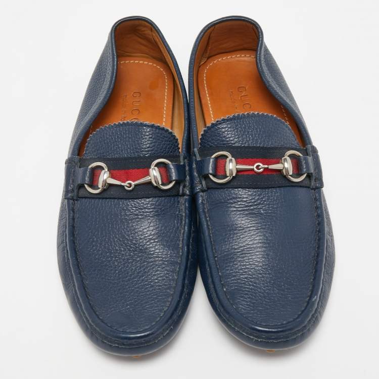 Pre Owned Gucci Navy Blue Leather Horsebit Slip On Loafers Size 42.5