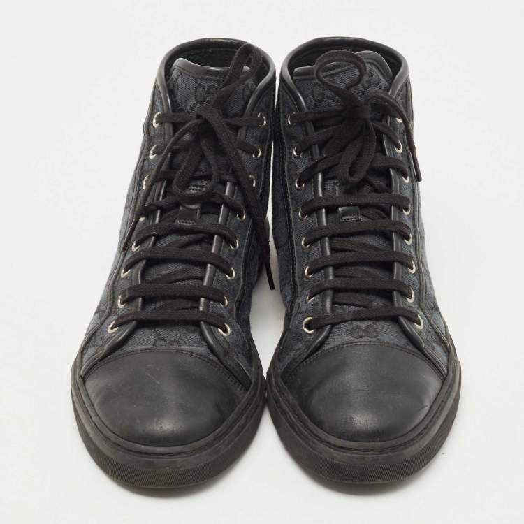 مملوكة مسبقًا Gucci Two Tone GG Canvas and Leather Cap Toe High Top Sneakers Size 42.5