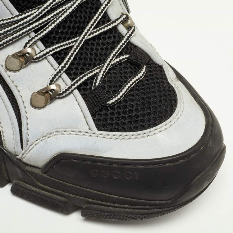 Pre Owned Gucci Black/Grey Mesh and Leather Flashtrek Sneakers Size 43