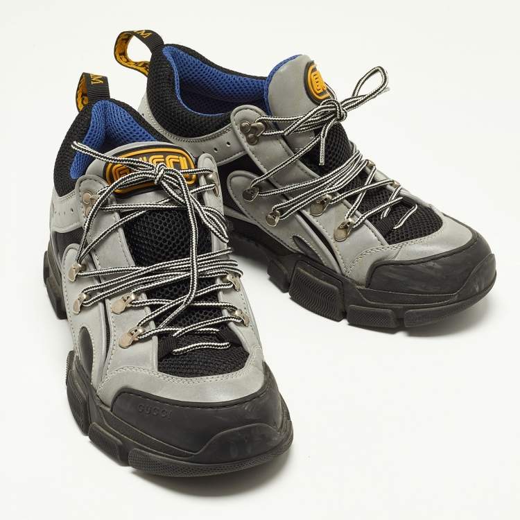 Pre Owned Gucci Black/Grey Mesh and Leather Flashtrek Sneakers Size 43