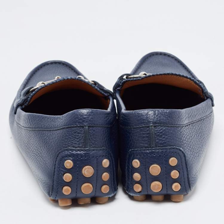 Pre Owned Gucci Blue Leather Web Horsebit Detail Slip On Loafers Size 44