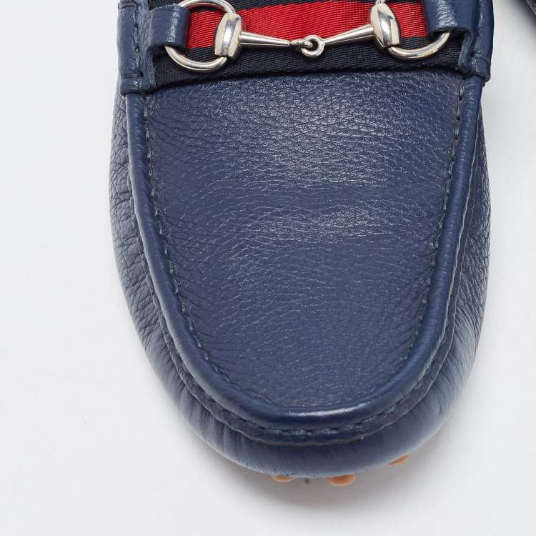 Pre Owned Gucci Blue Leather Web Horsebit Detail Slip On Loafers Size 44