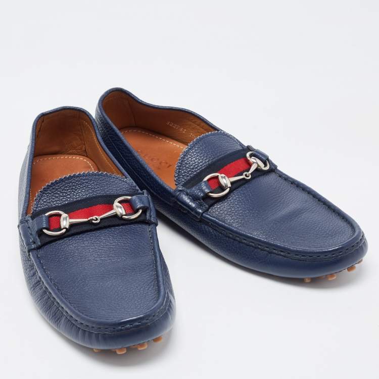Pre Owned Gucci Blue Leather Web Horsebit Detail Slip On Loafers Size 44