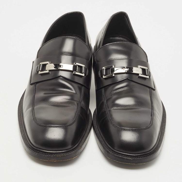 Pre Owned Gucci Black Leather Horsebit Slip On Loafers Size 44.5