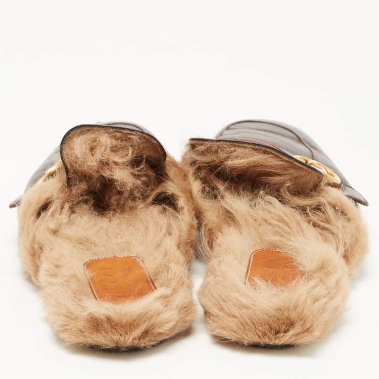 Pre Owned Gucci Dark Brown Leather and Fur Princetown Mules Size 48
