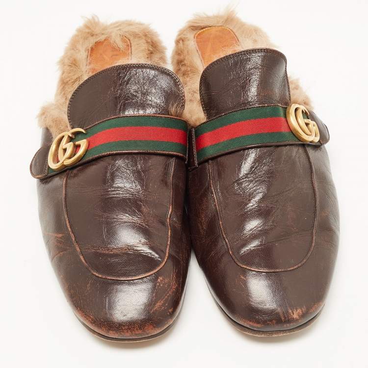 Pre Owned Gucci Dark Brown Leather and Fur Princetown Mules Size 48