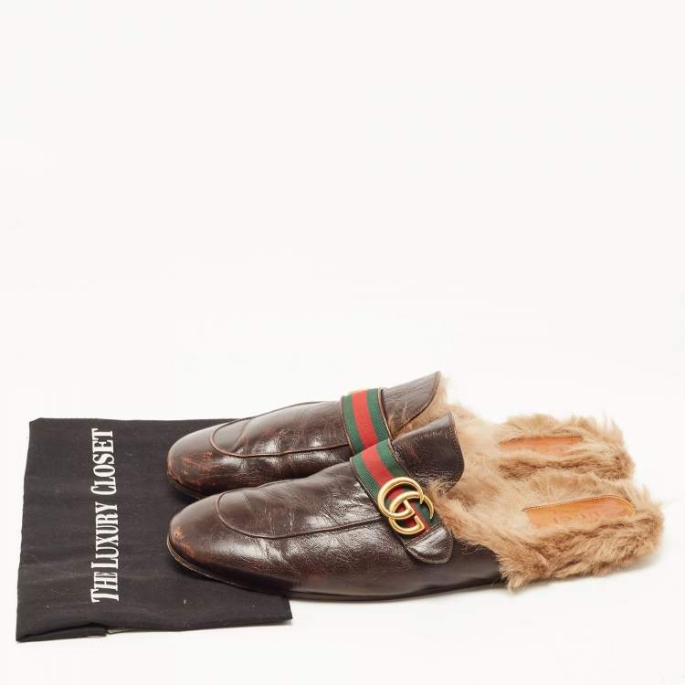 Pre Owned Gucci Dark Brown Leather and Fur Princetown Mules Size 48