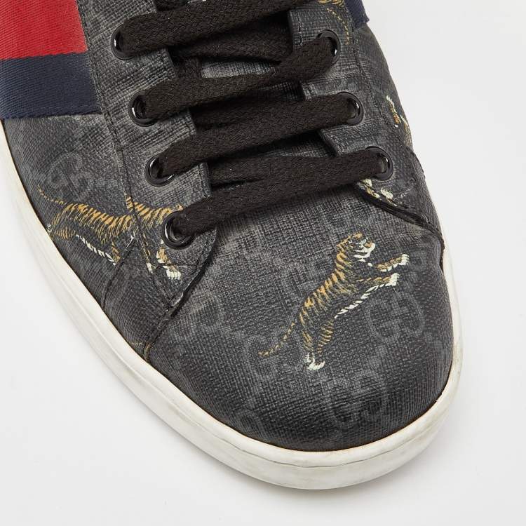 مملوكة مسبقًا Gucci Black GG Supreme Canvas Web Ace Tiger Low Top Sneakers Size 43