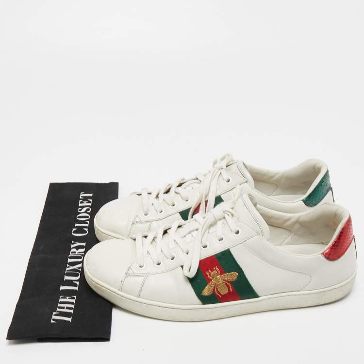 Pre Owned Gucci White Leather Embroidered Bee Ace Sneakers Size 42.5