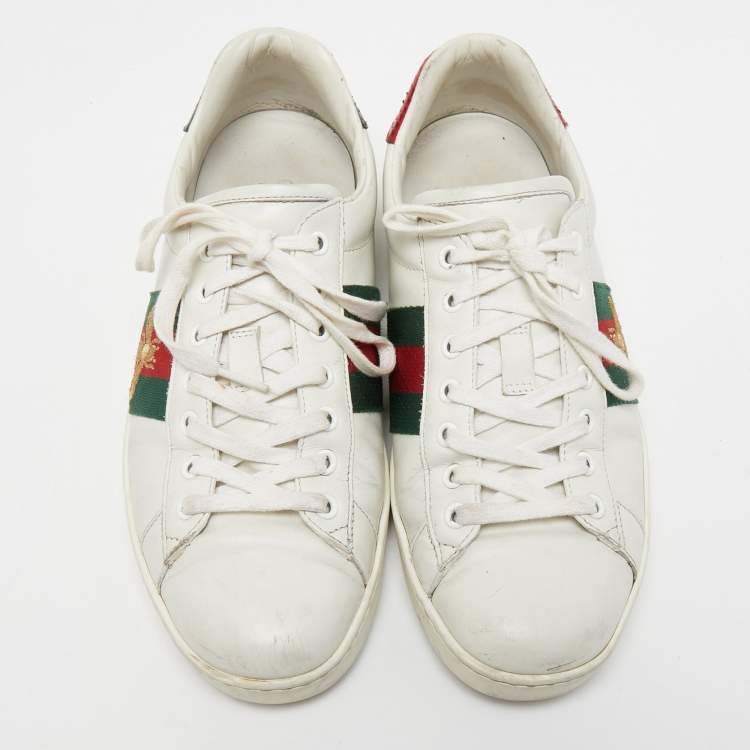 Pre Owned Gucci White Leather Embroidered Bee Ace Sneakers Size 42.5