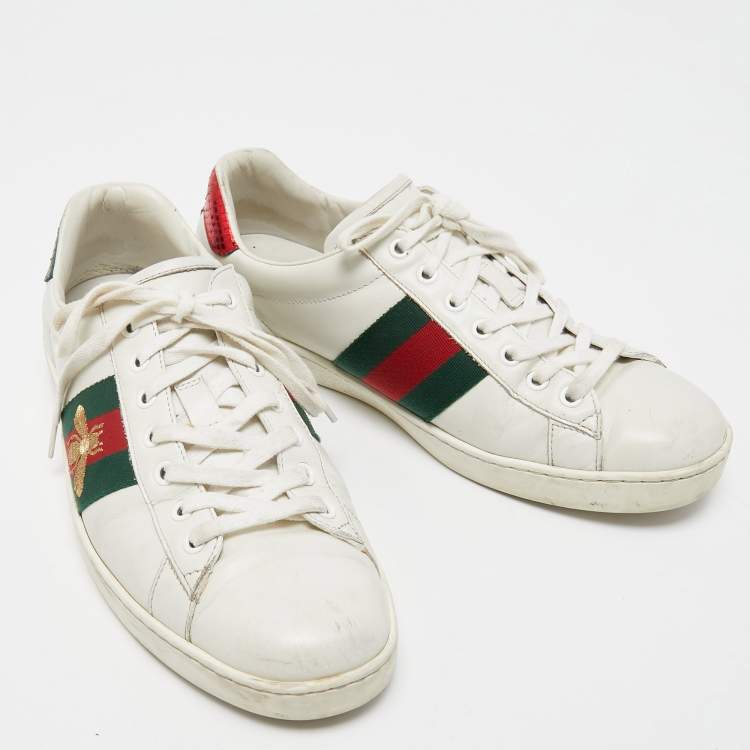 Pre Owned Gucci White Leather Embroidered Bee Ace Sneakers Size 42.5
