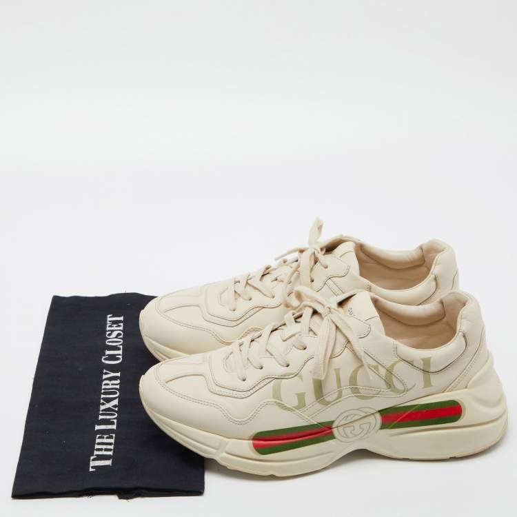 Pre Owned Gucci Beige Leather Rhyton Vintage Logo Low Top Sneakers Size 43