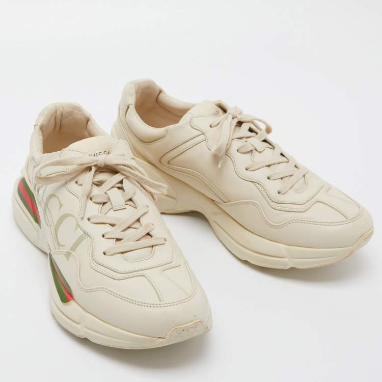 Pre Owned Gucci Beige Leather Rhyton Vintage Logo Low Top Sneakers Size 43