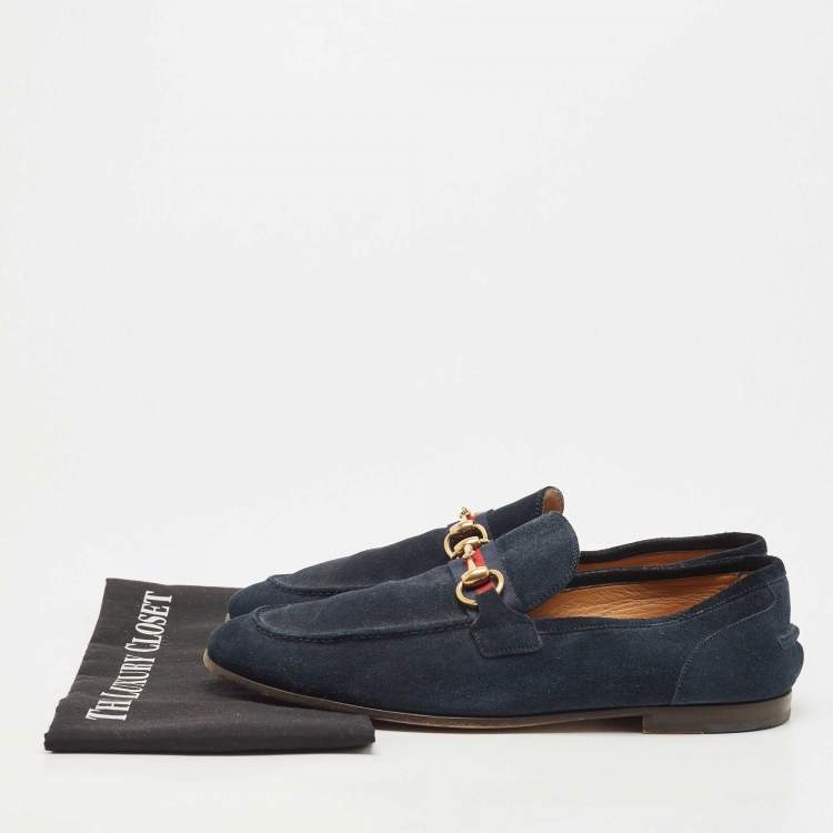 Pre Owned Gucci Navy Blue Suede Web Horsebit Loafers Size 41