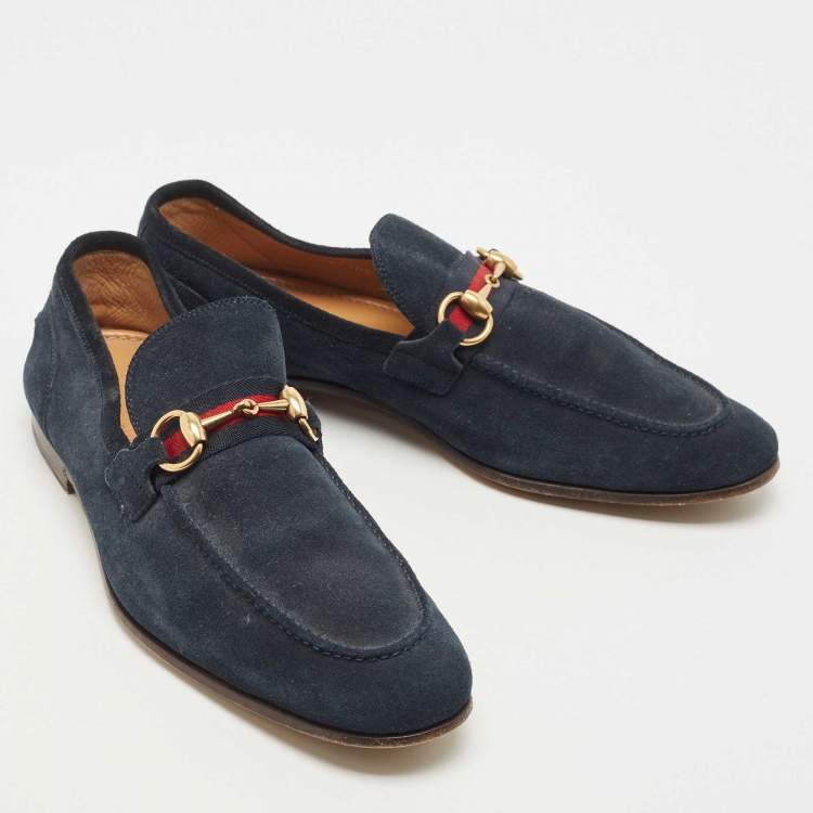 Pre Owned Gucci Navy Blue Suede Web Horsebit Loafers Size 41