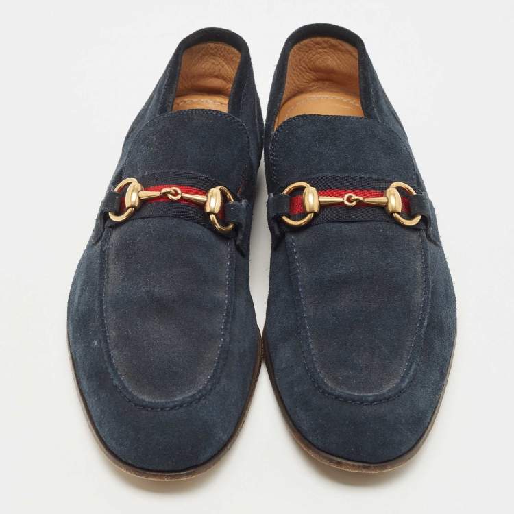 Pre Owned Gucci Navy Blue Suede Web Horsebit Loafers Size 41