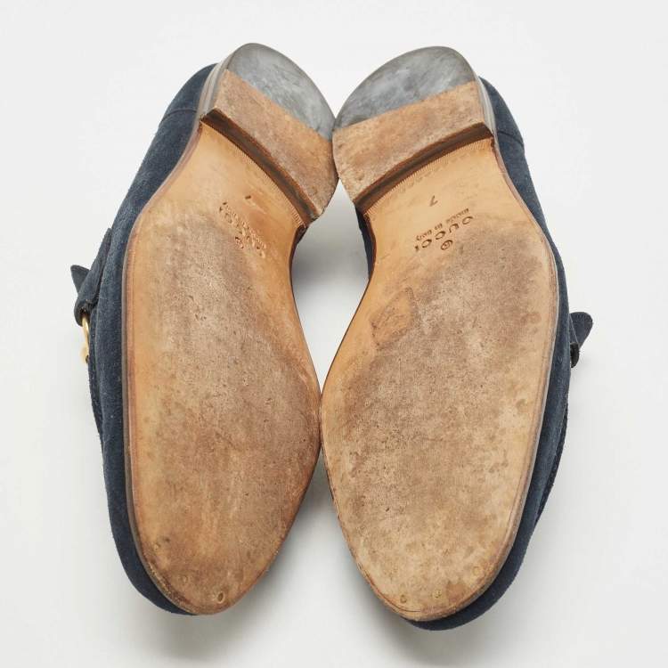 Pre Owned Gucci Navy Blue Suede Web Horsebit Loafers Size 41