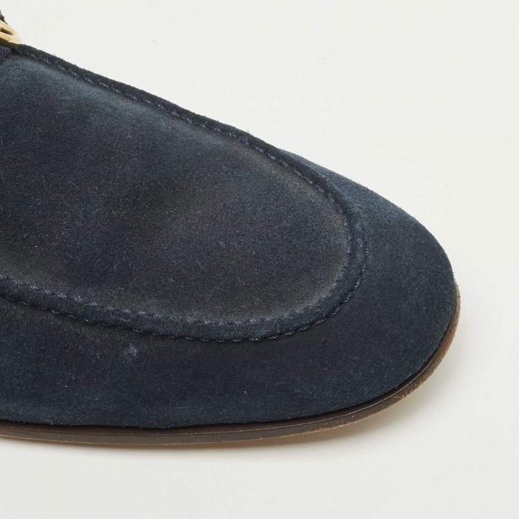 Pre Owned Gucci Navy Blue Suede Web Horsebit Loafers Size 41