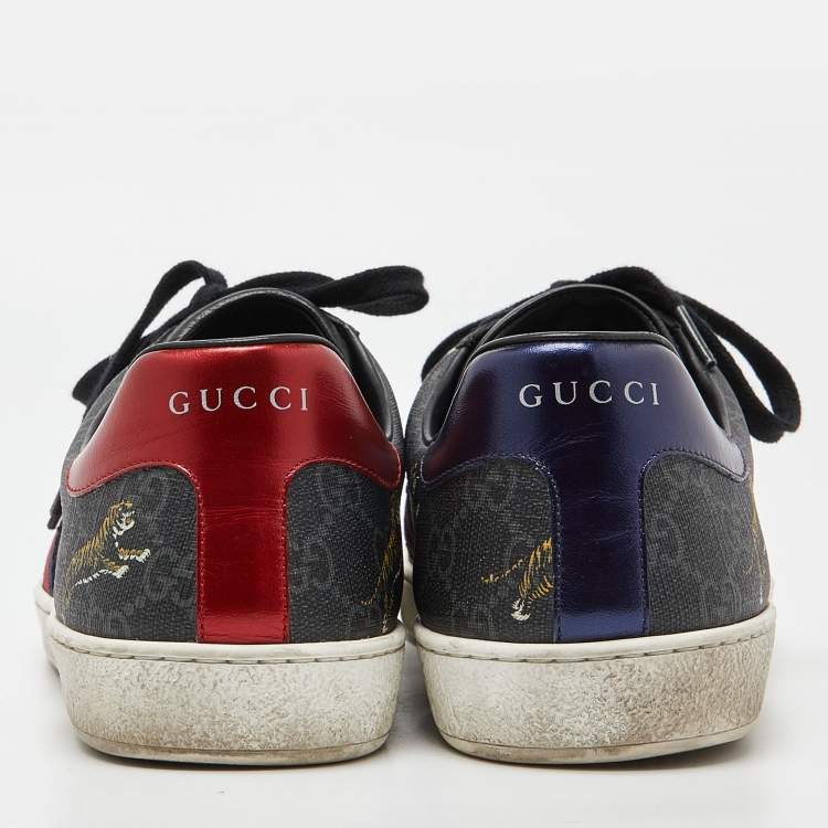 Pre Owned Gucci Black GG Supreme Canvas Tiger Print Ace Sneakers Size 42