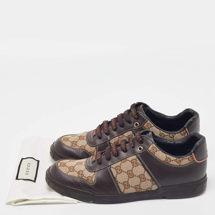 Pre Owned Gucci Brown/Beige GG Canvas and Leather Low Top Sneakers Size 43