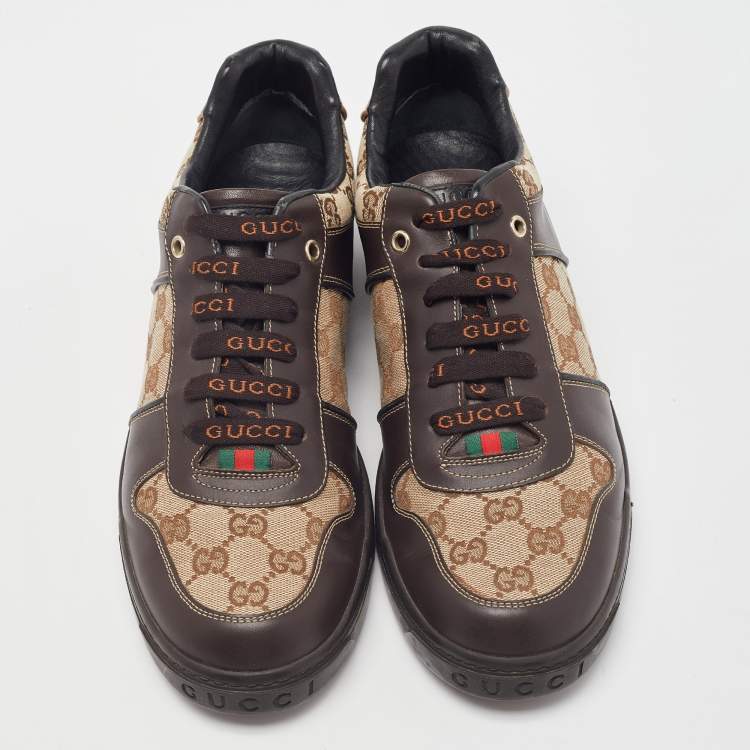 Pre Owned Gucci Brown/Beige GG Canvas and Leather Low Top Sneakers Size 43
