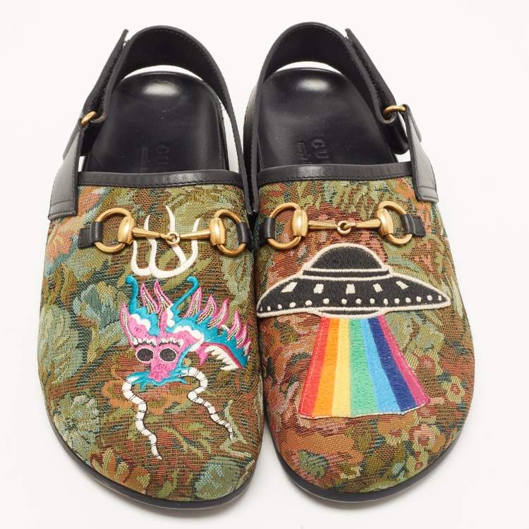Pre Owned Gucci Multicolor Fabric and Leather Horsebit River Slingback Sandals Size 43