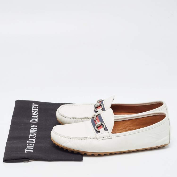Pre Owned Gucci White Leather Horsebit Web Loafers Size 42