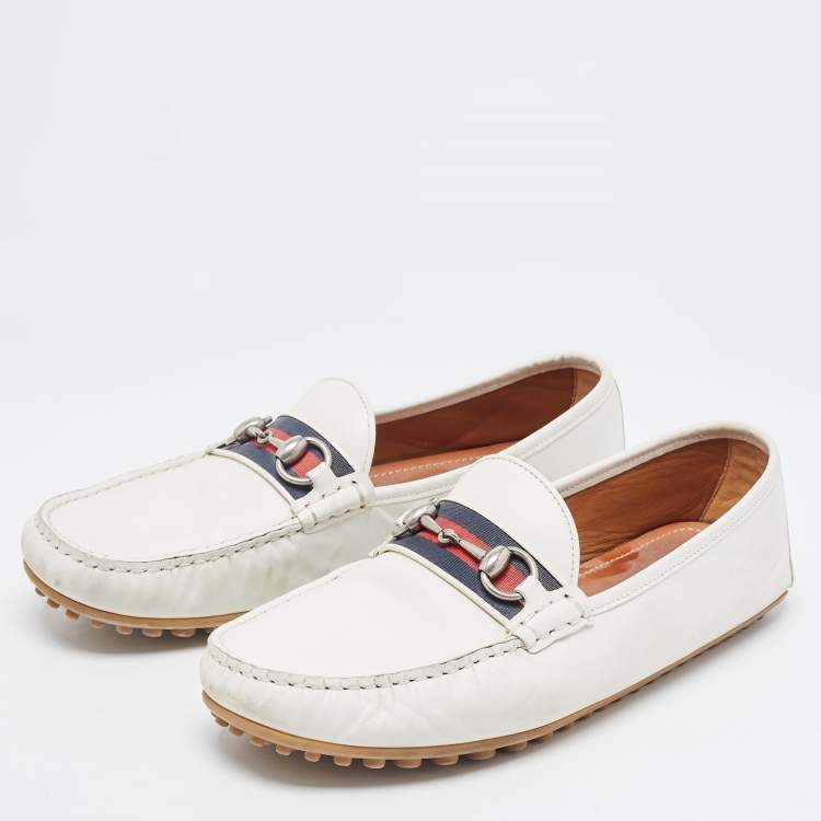 Pre Owned Gucci White Leather Horsebit Web Loafers Size 42
