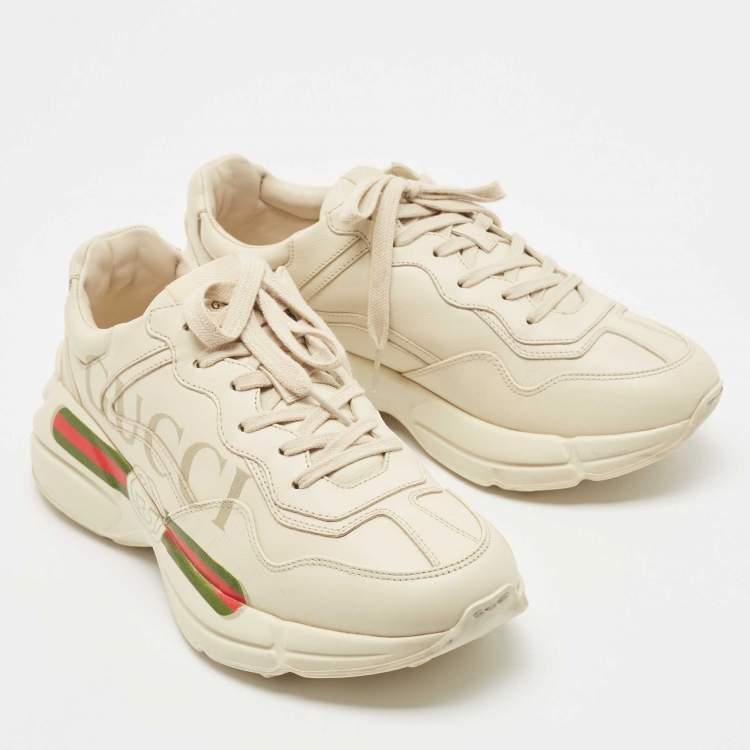 Pre Owned Gucci Cream Leather Rhyton Low Top Sneakers Size 41.5