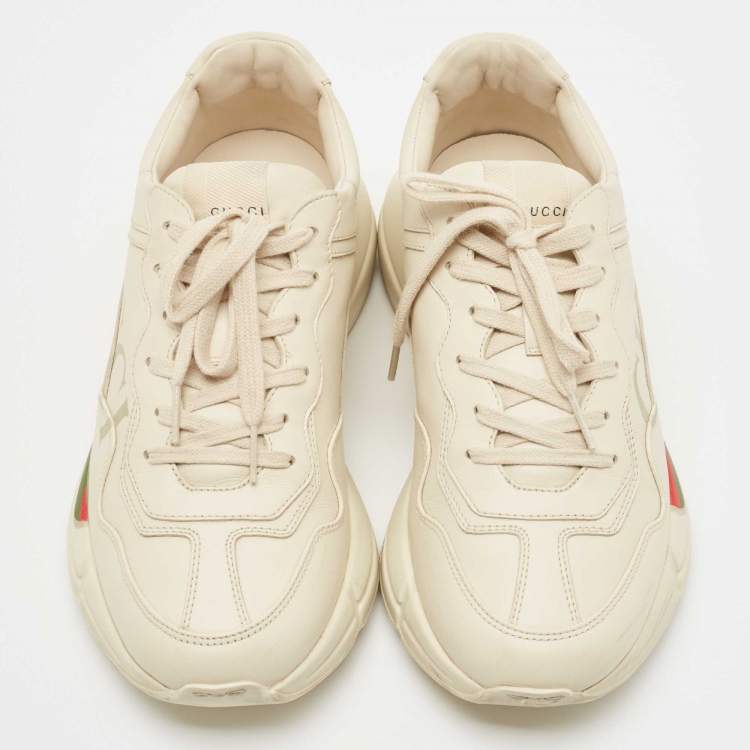 Pre Owned Gucci Cream Leather Rhyton Low Top Sneakers Size 41.5