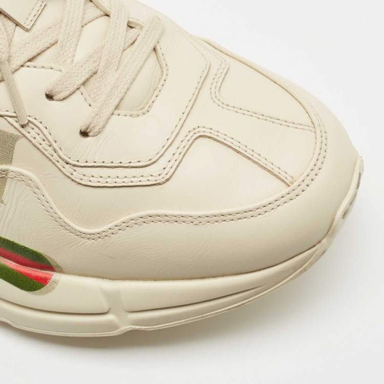 Pre Owned Gucci Cream Leather Rhyton Low Top Sneakers Size 41.5