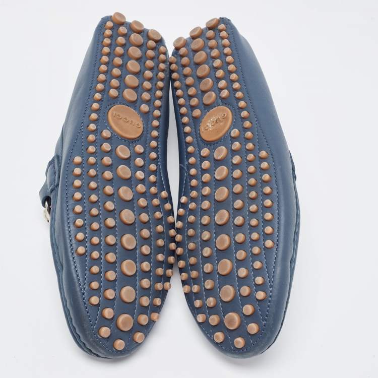 Pre Owned Gucci Blue Leather Web Horsbit Slip On Loafers Size 44
