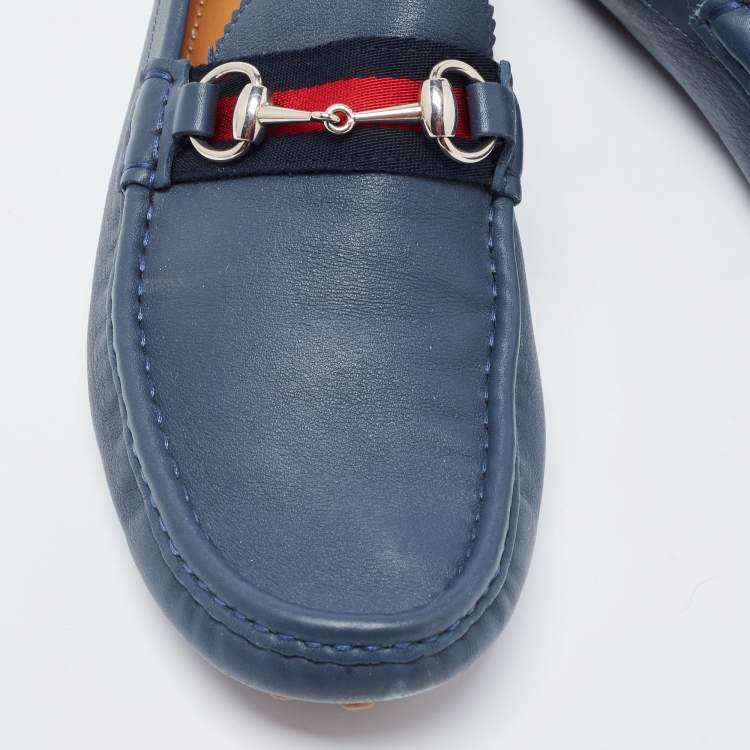 Pre Owned Gucci Blue Leather Web Horsbit Slip On Loafers Size 44