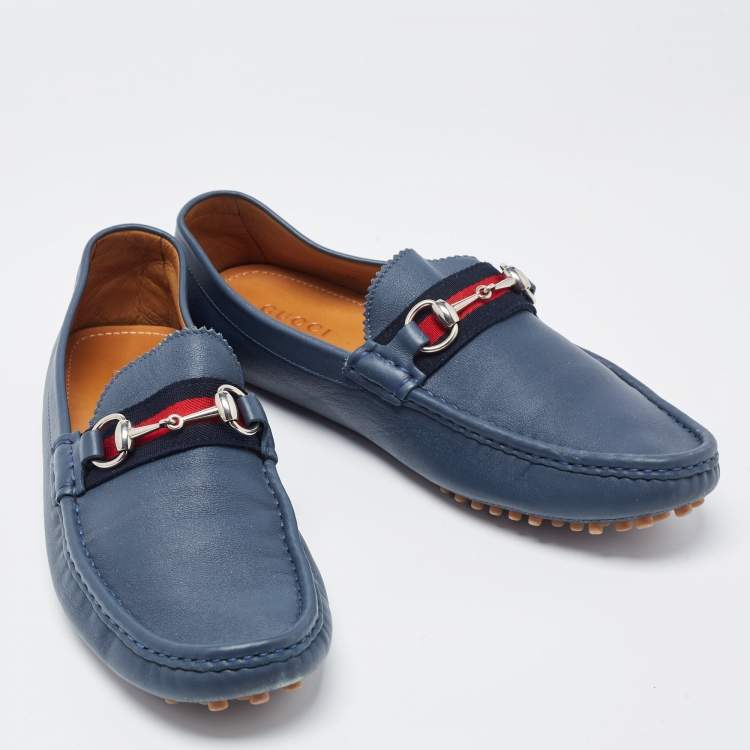 Pre Owned Gucci Blue Leather Web Horsbit Slip On Loafers Size 44