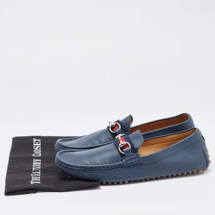Pre Owned Gucci Blue Leather Web Horsbit Slip On Loafers Size 44
