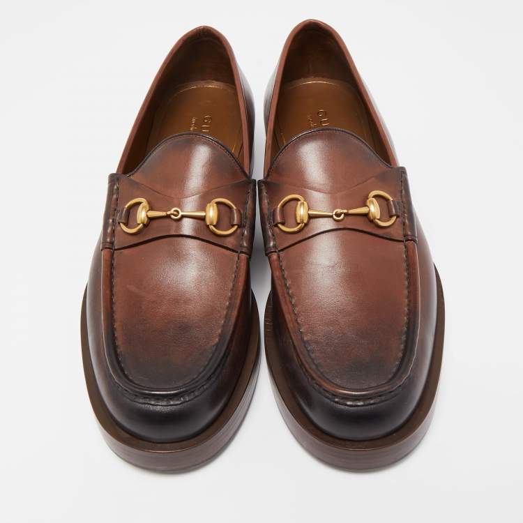 Pre Owned Gucci Brown Leather 1953 Horsebit Loafers Size 45