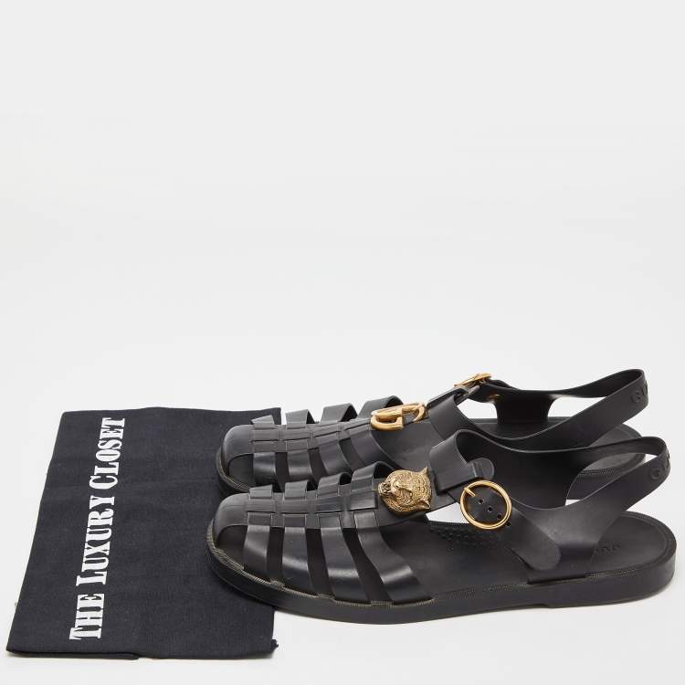 Pre Owned Gucci Black Rubber Tiger Head Caged Sandals Size 43