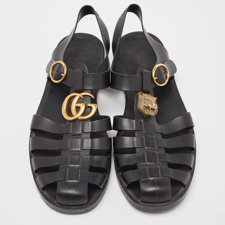 Pre Owned Gucci Black Rubber Tiger Head Caged Sandals Size 43