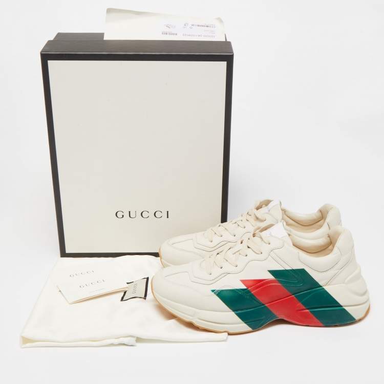 Pre Owned Gucci Cream Leather Rhyton Web Print Low Top Sneakers Size 44