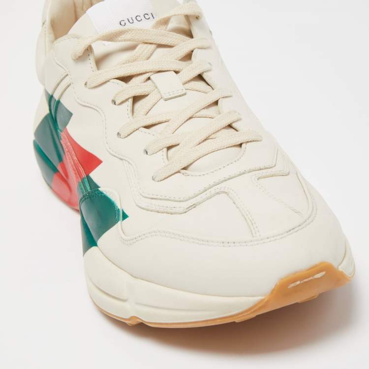 Pre Owned Gucci Cream Leather Rhyton Web Print Low Top Sneakers Size 44