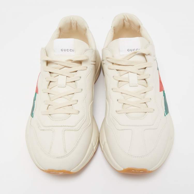 Pre Owned Gucci Cream Leather Rhyton Web Print Low Top Sneakers Size 44